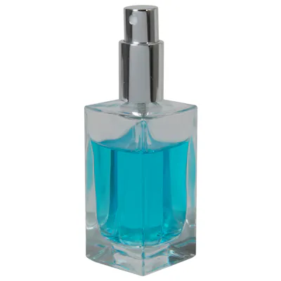 50mL Clear Square Glass Bottle with 18/415 Silver Metal Finger Sprayer with Smooth Collar & Overcap
