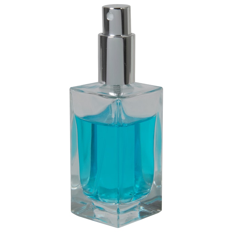 50mL Clear Square Glass Bottle with 18/415 Silver Metal Finger Sprayer with Smooth Collar & Overcap