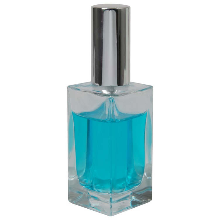 50mL Clear Square Glass Bottle with 18/415 Silver Metal Finger Sprayer with Smooth Collar & Overcap