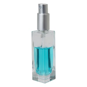 30mL Clear Tall Slim Square Glass Bottle with 18/415 Matte Silver Metal Finger Sprayer with Smooth Collar & Overcap