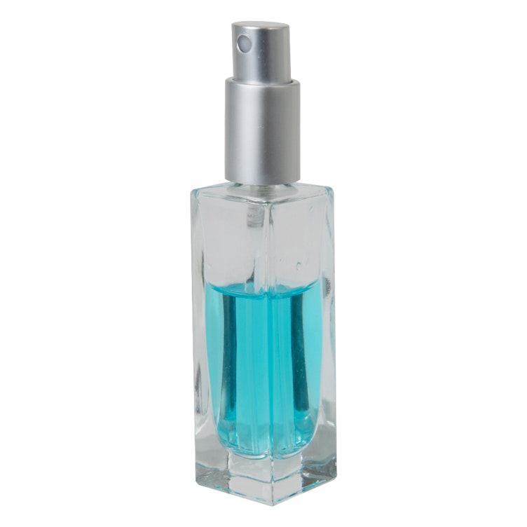 30mL Clear Tall Slim Square Glass Bottle with 18/415 Matte Silver Metal Finger Sprayer with Smooth Collar & Overcap
