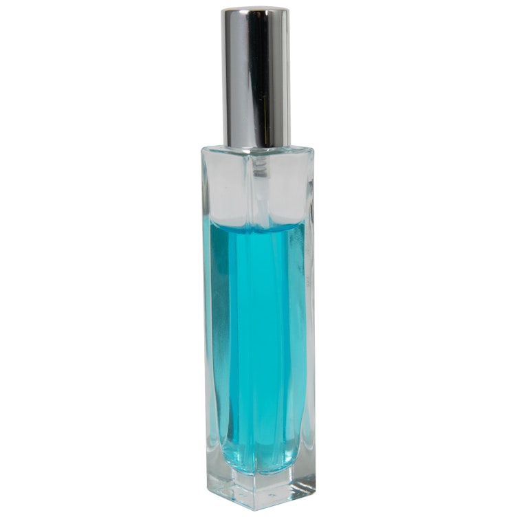 50mL Clear Tall Slim Square Glass Bottle with 18/415 Silver Metal Finger Sprayer with Smooth Collar & Overcap