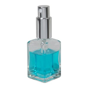30mL (1 oz.) Clear Rounded Square Glass Bottle with 18/415 Silver Metal Finger Sprayer with Smooth Collar & Overcap