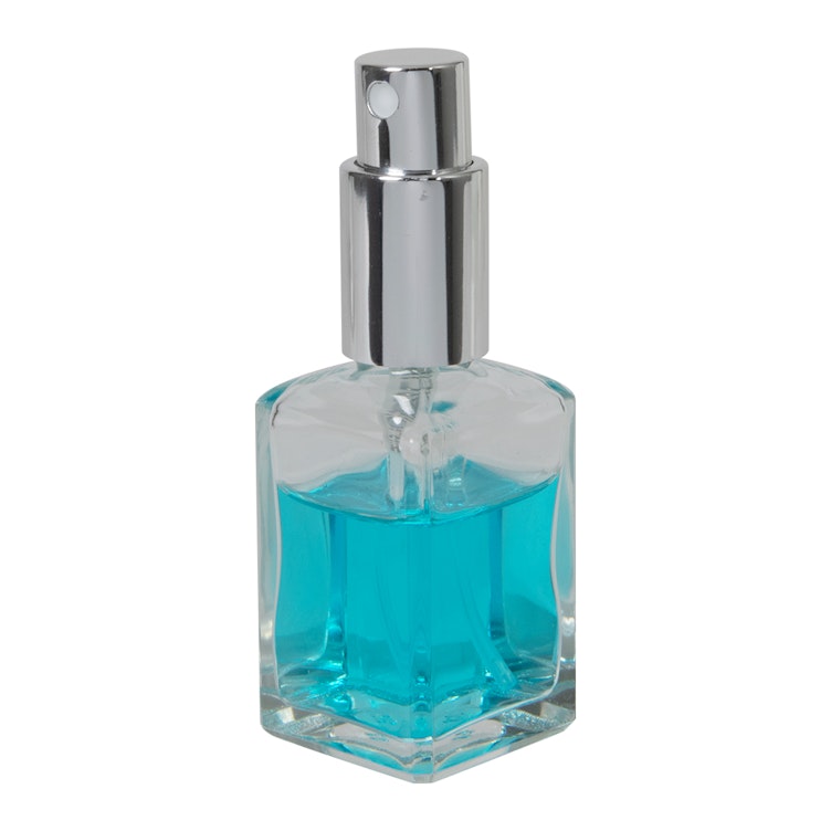 30mL (1 oz.) Clear Rounded Square Glass Bottle with 18/415 Silver Metal Finger Sprayer with Smooth Collar & Overcap