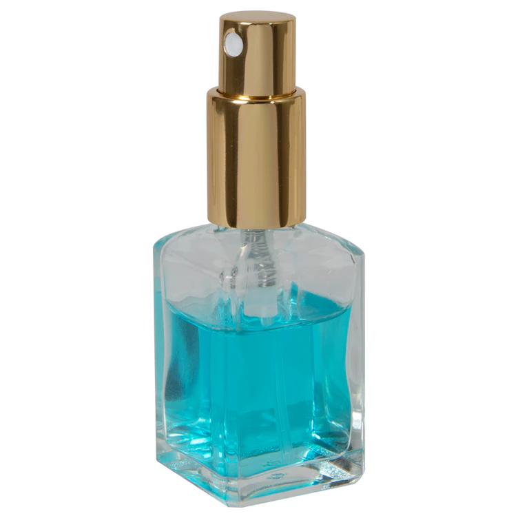 Square Rounded Bottle 30mL (1 oz.) Clear Rounded Square Glass Bottle with 18/415 Gold Metal ...