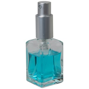 30mL (1 oz.) Clear Rounded Square Glass Bottle with 18/415 Matte Silver Metal Finger Sprayer with Smooth Collar & Overcap