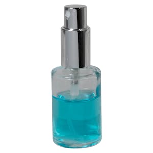 30mL (1 oz.) Clear Stubby Cylinder Glass Bottle with 18/415 Silver Metal Finger Sprayer with Smooth Collar & Overcap