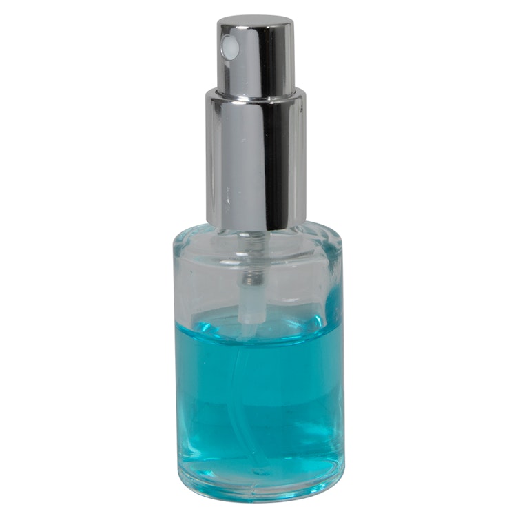 30mL (1 oz.) Clear Stubby Cylinder Glass Bottle with 18/415 Silver Metal Finger Sprayer with Smooth Collar & Overcap