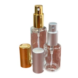 30mL (1 oz.) Clear Tall Cylinder Glass Bottle with 18/415 Matte Silver Metal Finger Sprayer with Smooth Collar & Overcap