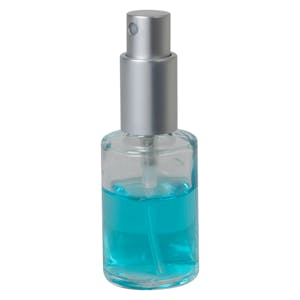 30mL (1 oz.) Clear Stubby Cylinder Glass Bottle with 18/415 Matte Silver Metal Finger Sprayer with Smooth Collar & Overcap