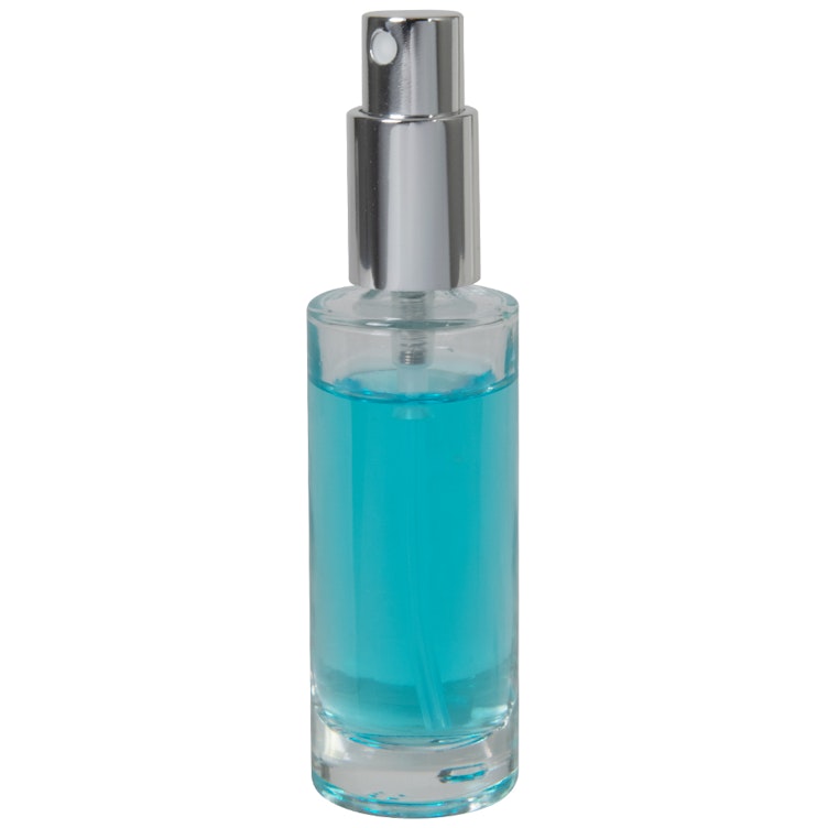 30mL (1 oz.) Clear Tall Cylinder Glass Bottle with 18/415 Silver Metal Finger Sprayer with Smooth Collar & Overcap