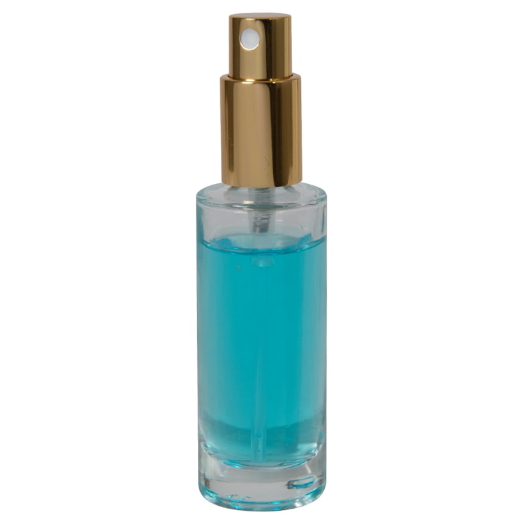 30mL (1 oz.) Clear Tall Cylinder Glass Bottle with 18/415 Gold Metal Finger Sprayer with Smooth Collar & Overcap
