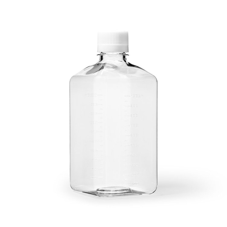 1000mL Clear PET Sterile Square Media Storage Bottle with 44mm White Cap - Individually Wrapped; Case of 12