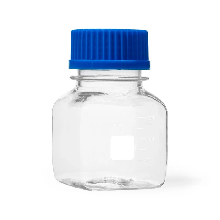 150mL Clear Polycarbonate Sterile Square Media Storage Bottle with GL45 Blue Cap - Individually Wrapped; Case of 24