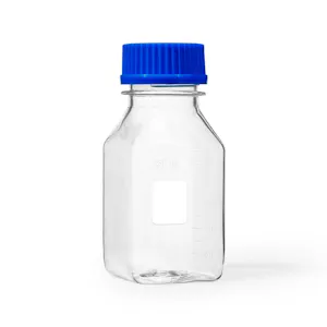250mL Clear Polycarbonate Sterile Square Media Storage Bottle with GL45 Blue Cap - Individually Wrapped; Case of 24