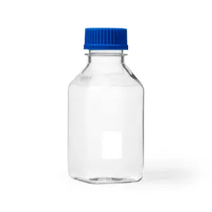 500mL Clear Polycarbonate Sterile Square Media Storage Bottle with GL45 Blue Cap - Individually Wrapped; Case of 24