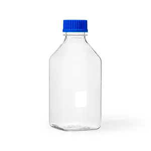 1000mL Clear Polycarbonate Sterile Square Media Storage Bottle with GL45 Blue Cap - Individually Wrapped; Case of 24