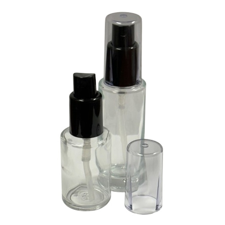 30mL (1 oz.) Clear Stubby Cylinder Glass Bottle with 18/415 Black Polypropylene Denali Finger Sprayer with Tall Smooth Collar & Clear ABS Overcap