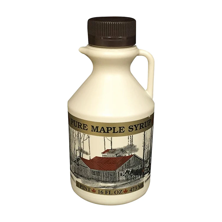 1 Pint (16 oz.) Tan HDPE Printed Cruchon Round Maple Syrup Jug with Handle & 38mm Brown Ribbed Tamper-Evident Cap