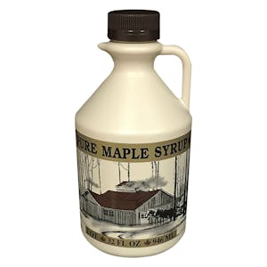 1 Quart (32 oz.) Tan HDPE Printed Cruchon Round Maple Syrup Jug with Handle & 38mm Brown Ribbed Tamper-Evident Cap