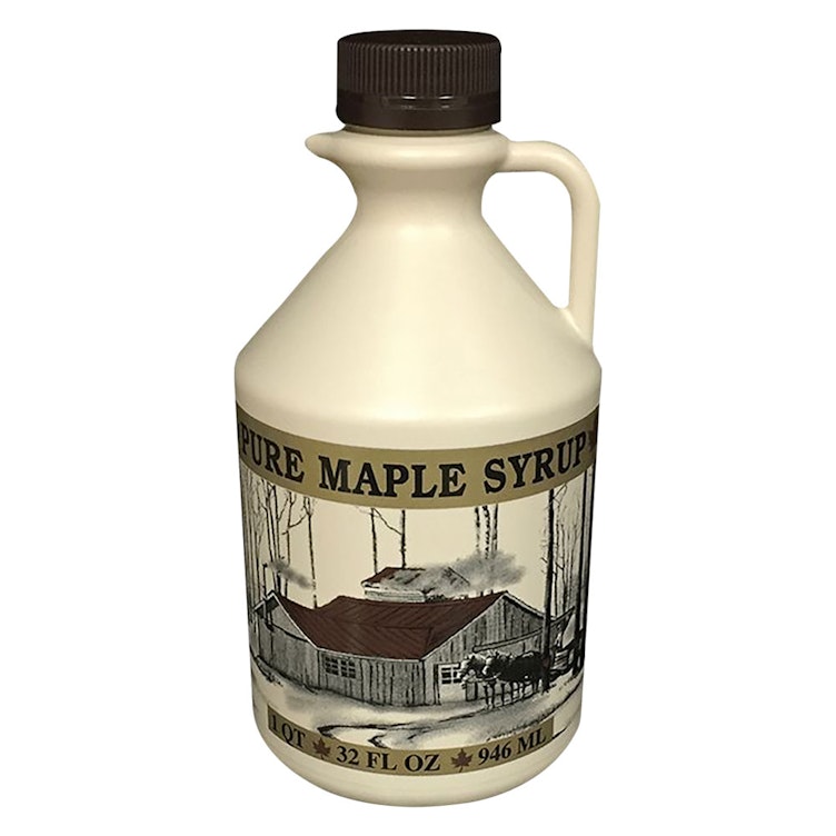 1 Quart (32 oz.) Tan HDPE Printed Cruchon Round Maple Syrup Jug with Handle & 38mm Brown Ribbed Tamper-Evident Cap
