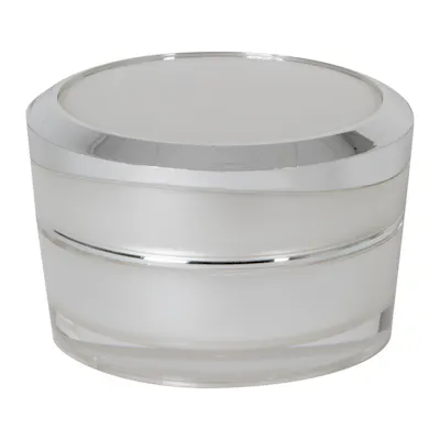 15mL Clear Acrylic Outer with Pearlescent Inner Spray & White Polypropylene Inner Round Jar with Silver-Accented Cap & White Disc Liner