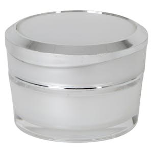 30mL Clear Acrylic Outer with Pearlescent Inner Spray & White Polypropylene Inner Round Jar with Silver-Accented Cap & White Disc Liner