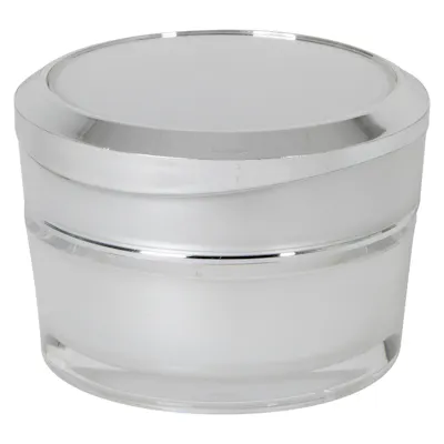 30mL Clear Acrylic Outer with Pearlescent Inner Spray & White Polypropylene Inner Round Jar with Silver-Accented Cap & White Disc Liner