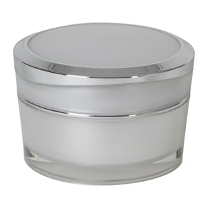 50mL Clear Acrylic Outer with Pearlescent Inner Spray & White Polypropylene Inner Round Jar with Silver-Accented Cap & White Disc Liner