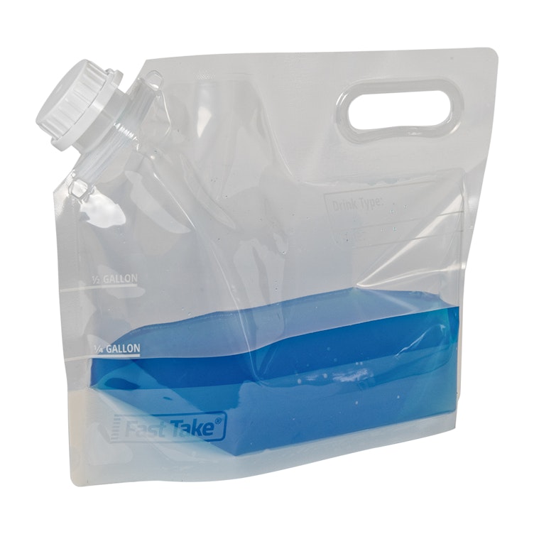 1/2 Gallon Clear Fast Take® Jug Pouch with 38/400 Tamper-Evident Cap - 11-3/4" W x 9" Hgt. + 4-1/4" BG x 6 mil Thick (Case of 25)
