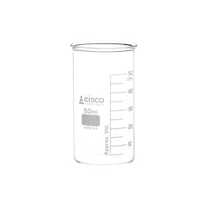 50mL Tall Form Clear Borosilicate Glass Berzelius Beaker without Spout - Case of 12