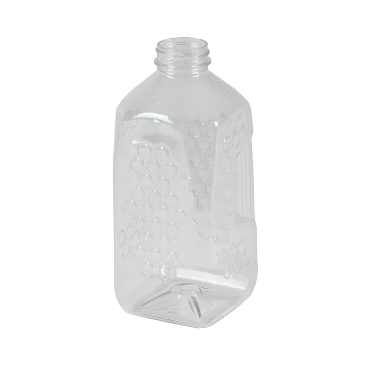 3 lb. (Honey Weight) Clear PET Honeycomb-Embossed Square Bottle with 38/400 Neck (Cap Sold Separately)