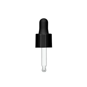 18/415 Smooth Black Polypropylene Cervino Dropper Cap with Black Rubber Bulb & 52mm L Glass Pipette with Ball Tip