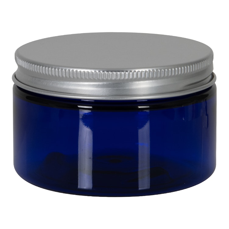 4 oz. Cobalt Blue PET Straight-Sided Round Jar with 58/400 Brushed Silver Aluminum Cap with Foam Liner