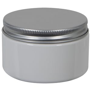 4 oz. White PET Straight-Sided Round Jar with 58/400 Brushed Silver Aluminum Cap with Foam Liner
