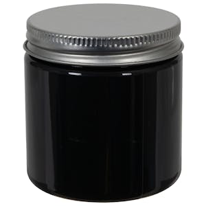 4 oz. Black PET Straight-Sided Round Jar with 58/400 Brushed Silver Aluminum Cap with Foam Liner