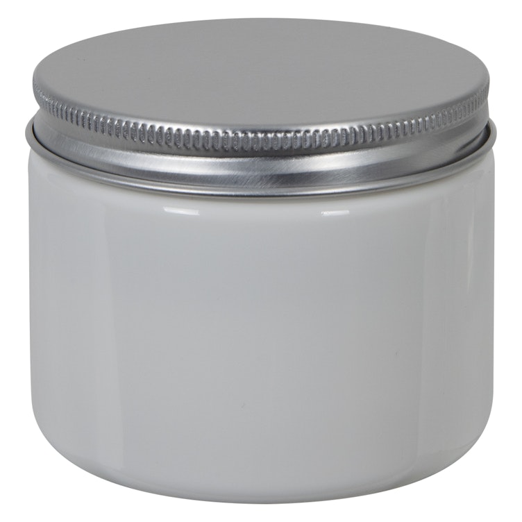 4 oz. White PET Straight-Sided Round Jar with 70/400 Brushed Silver Aluminum Cap with Foam Liner