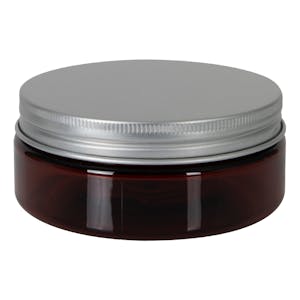 4 oz. Amber PET Straight-Sided Round Jar with 89/400 Brushed Silver Aluminum Cap with Foam Liner