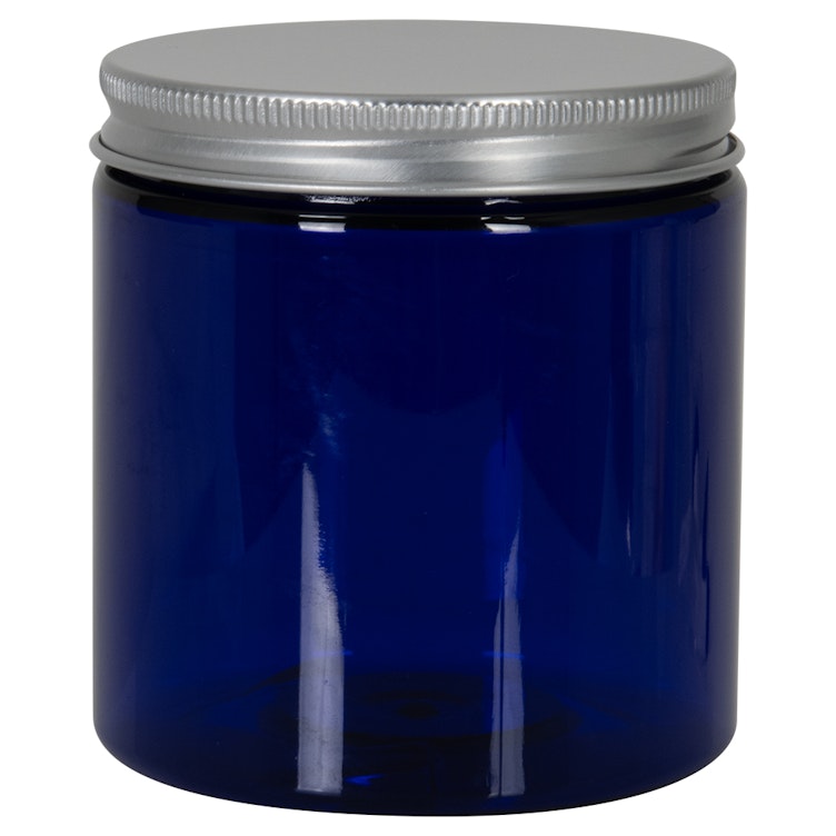 6 oz. Cobalt Blue PET Straight-Sided Round Jar with 70/400 Brushed Silver Aluminum Cap with Foam Liner