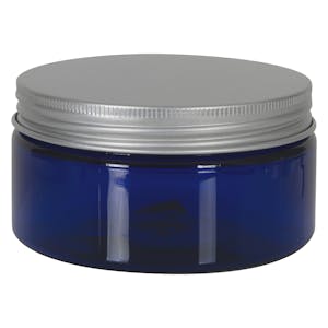 8 oz. Cobalt Blue PET Straight-Sided Round Jar with 70/400 Brushed Silver Aluminum Cap with Foam Liner