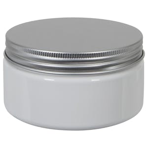 8 oz. White PET Straight-Sided Round Jar with 70/400 Brushed Silver Aluminum Cap with Foam Liner