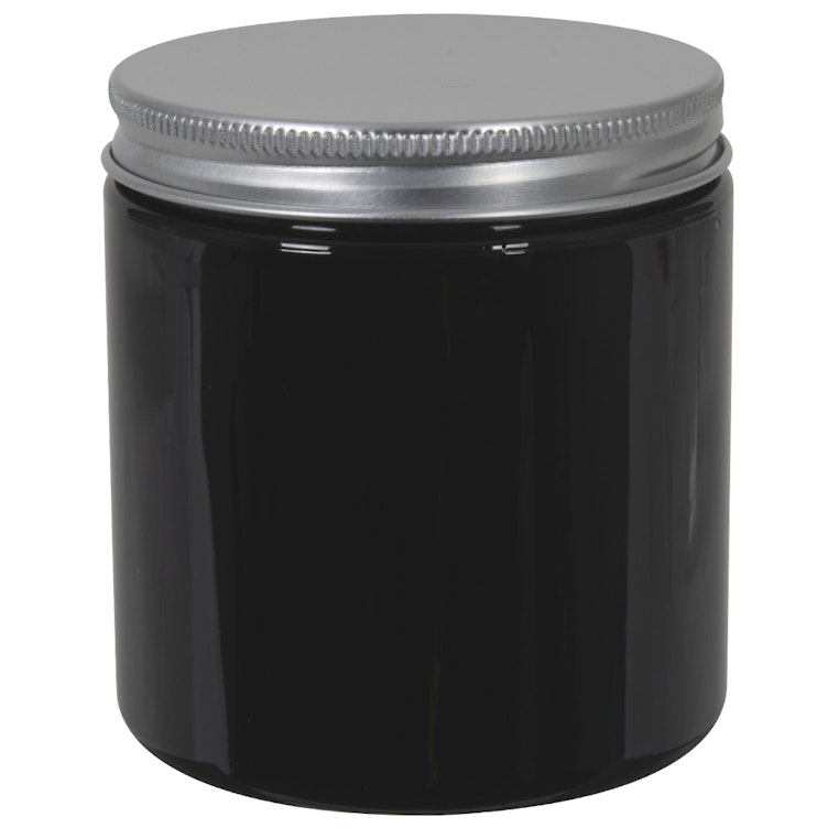 8 oz. Black PET Straight-Sided Round Jar with 70/400 Brushed Silver Aluminum Cap with Foam Liner