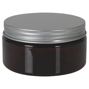 8 oz. Amber PET Straight-Sided Round Jar with 89/400 Brushed Silver Aluminum Cap with Foam Liner