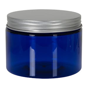 8 oz. Cobalt Blue PET Straight-Sided Round Jar with 89/400 Brushed Silver Aluminum Cap with Foam Liner