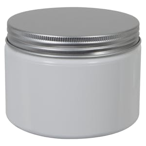 8 oz. White PET Straight-Sided Round Jar with 89/400 Brushed Silver Aluminum Cap with Foam Liner