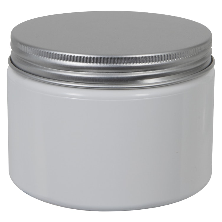 8 oz. White PET Straight-Sided Round Jar with 89/400 Brushed Silver Aluminum Cap with Foam Liner