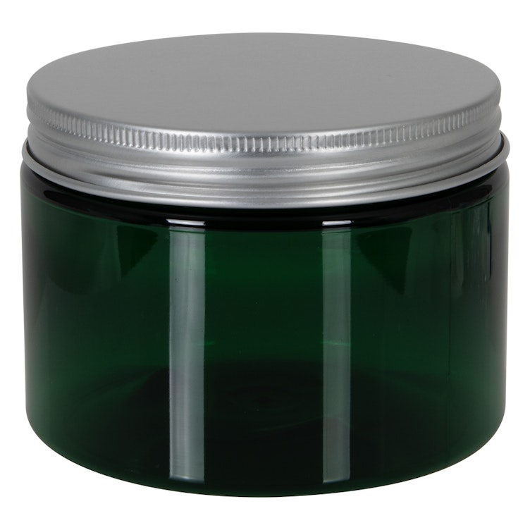 12 oz. Dark Green PET Straight-Sided Round Jar with 89/400 Brushed Silver Aluminum Cap with Foam Liner