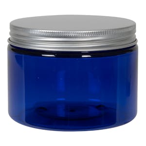 12 oz. Cobalt Blue PET Straight-Sided Round Jar with 89/400 Brushed Silver Aluminum Cap with Foam Liner