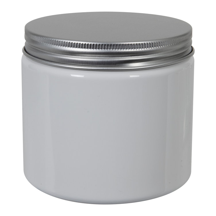 12 oz. White PET Straight-Sided Round Jar with 89/400 Brushed Silver Aluminum Cap with Foam Liner