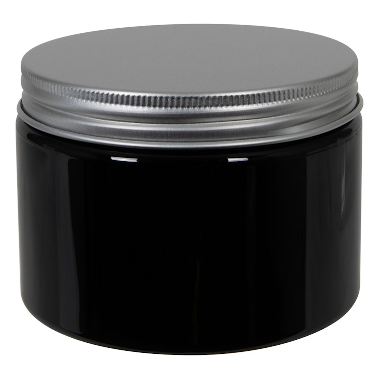 12 oz. Black PET Straight-Sided Round Jar with 89/400 Brushed Silver Aluminum Cap with Foam Liner